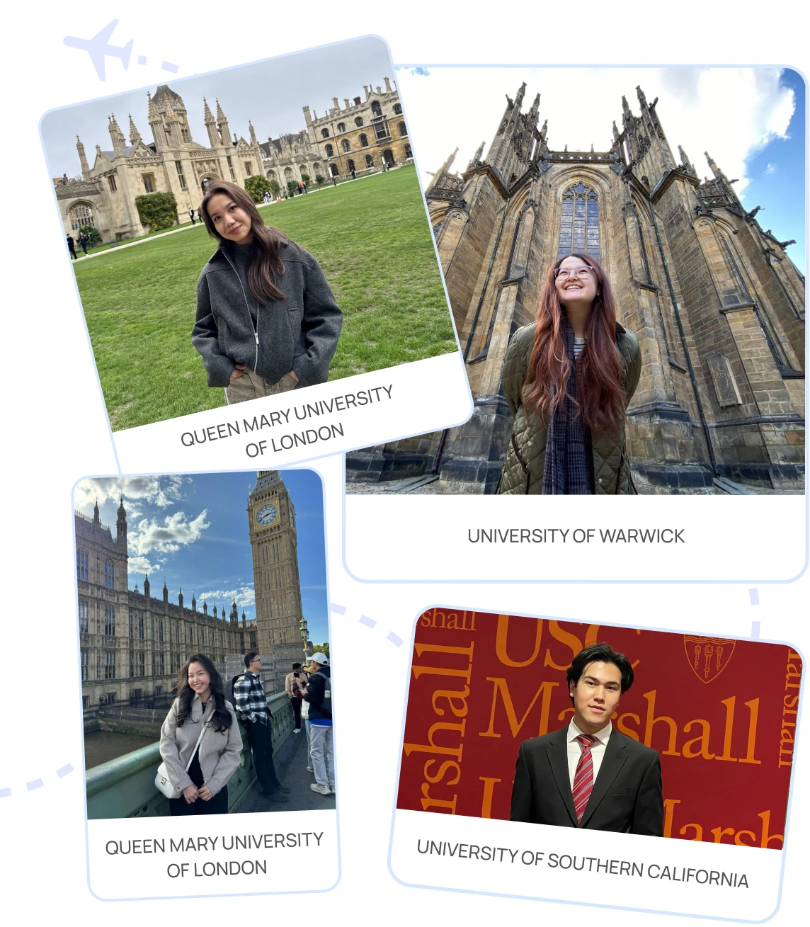 Коллаж из фотографий студентов на территории Queen Mary University of London, University of Warwick и University of Southern California