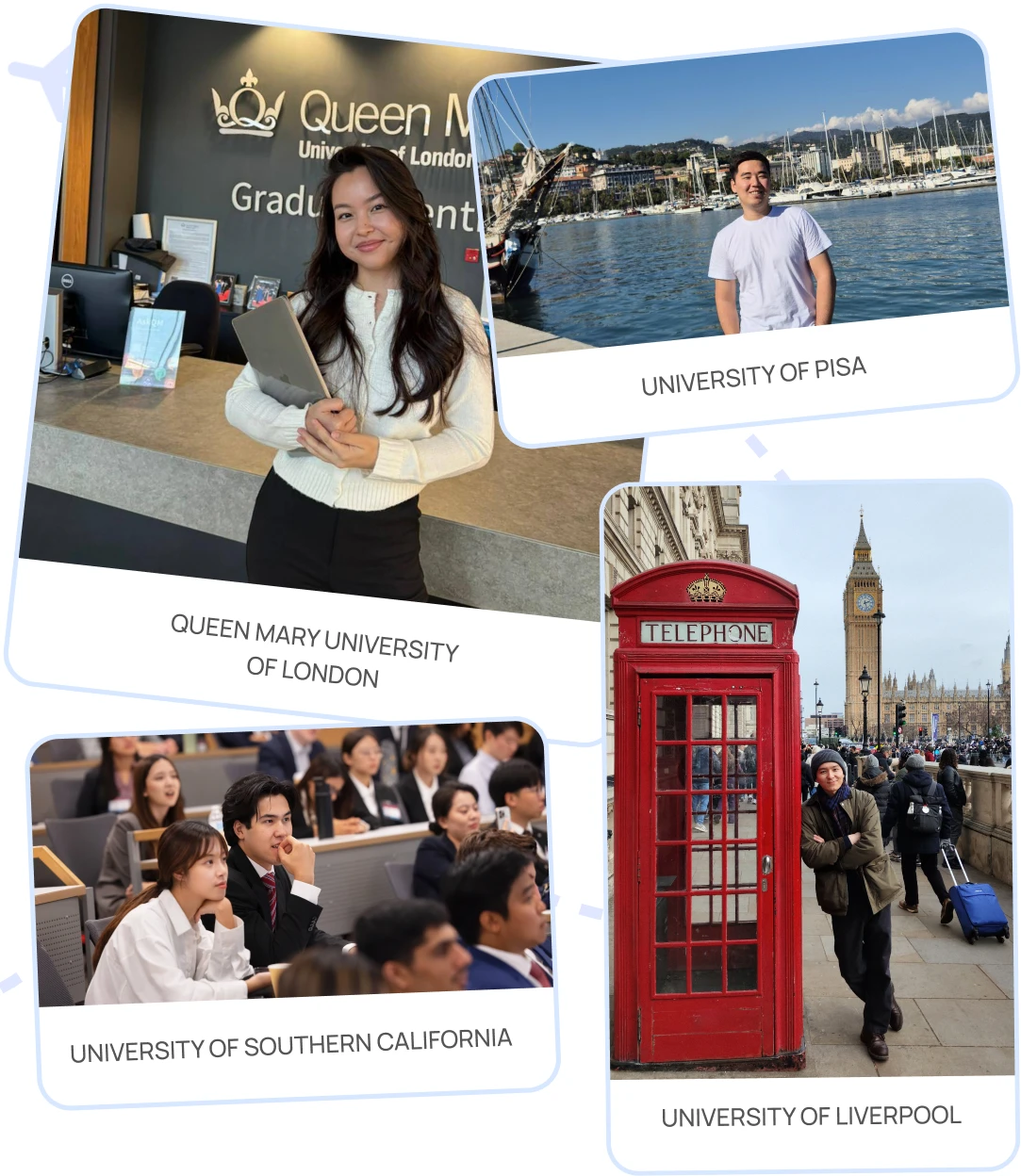 Коллаж из фотографий студентов на территории Queen Mary University of London, University of Pisa, University of Liverpool и в аудитории