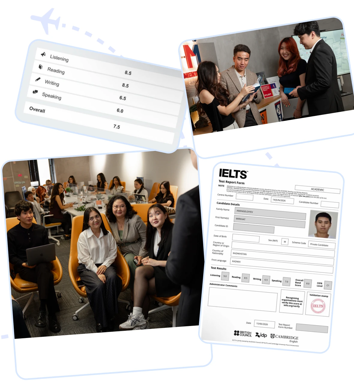 Коллаж: занятия в языковой школе Mentor Me, результаты IELTS и сертификат Test Report Form